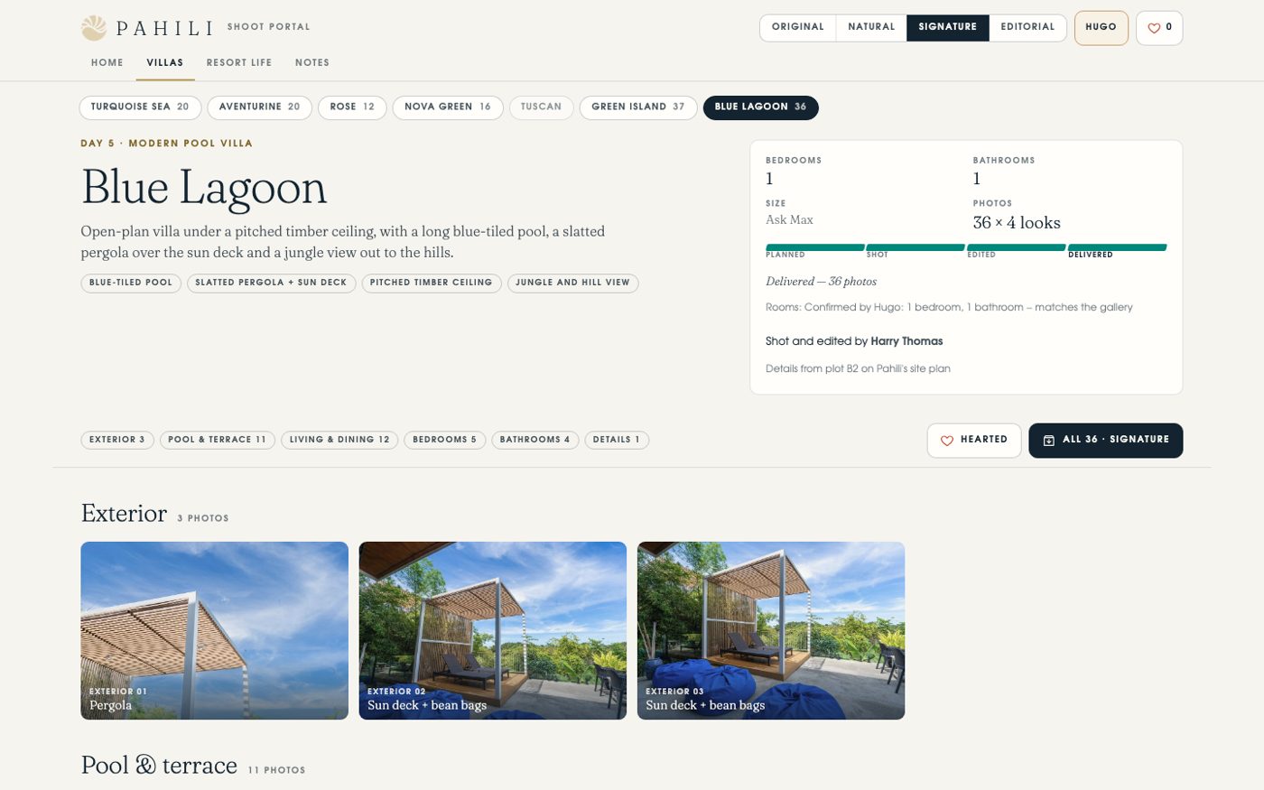 The Pahili client portal: a villa gallery grouped by room with Original, Natural, Signature and Editorial looks
